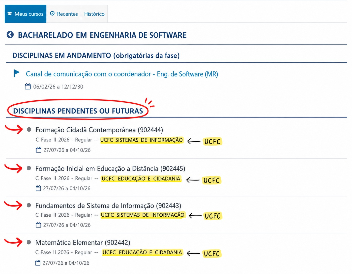 Captura de tela do AVA mostrando as disciplinas em andamento para o estudante de Engenharia de Software